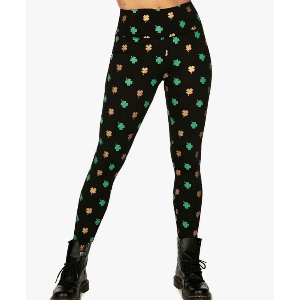 Tipsy Elves Womens XL St Patricks Day Shamrock Leggings Black Green Gold Rayon